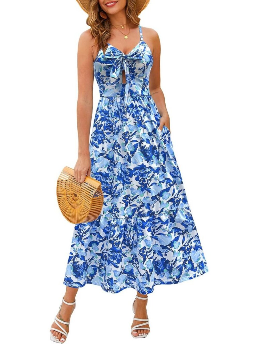 Summer Floral Maxi Dress with Pockets | High Waist, Tie Front, Spaghetti Strap